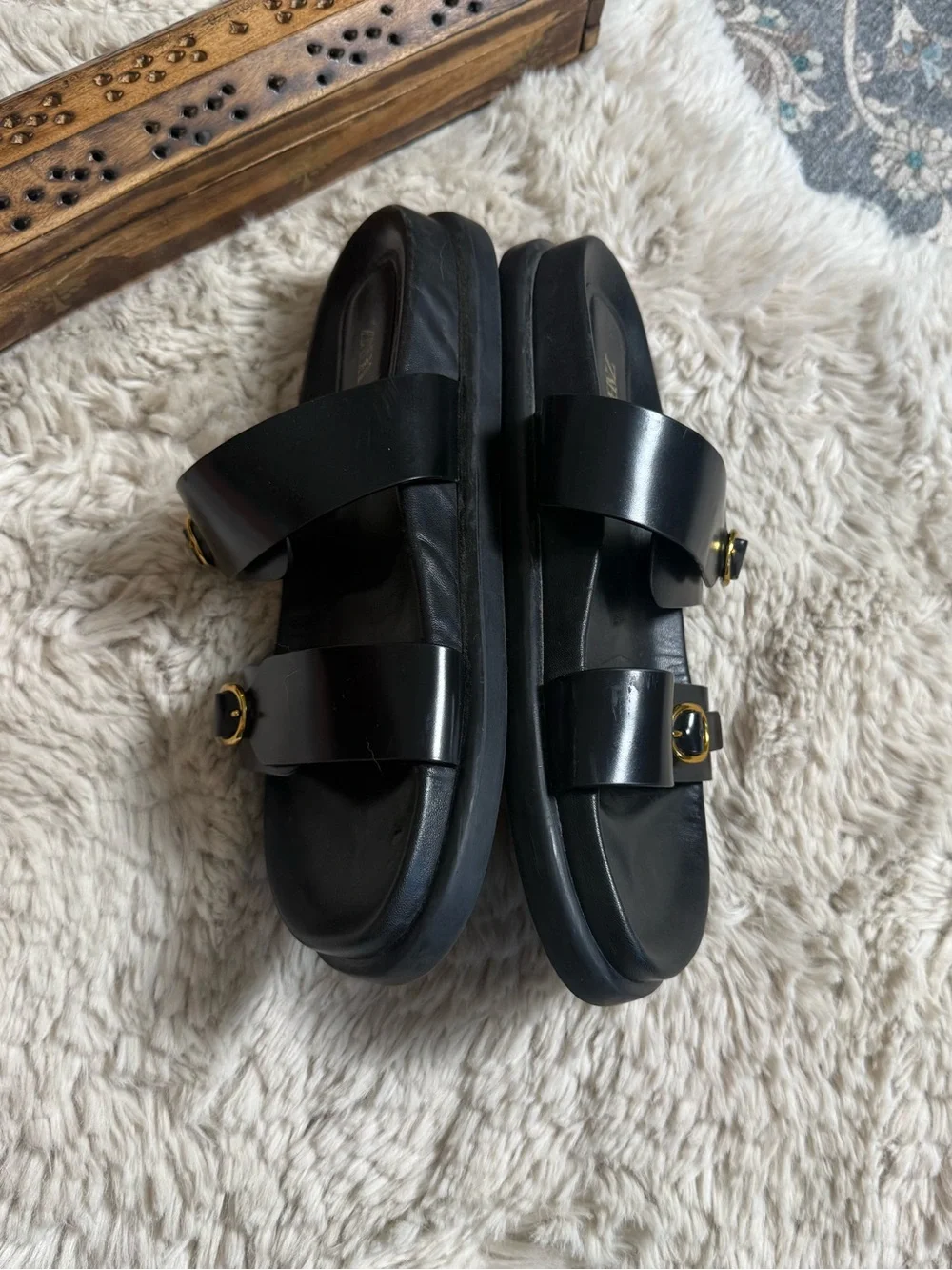 Zara Black Slide Sandals with Gold Buckles - Women's 39 - Picture 2 of 11